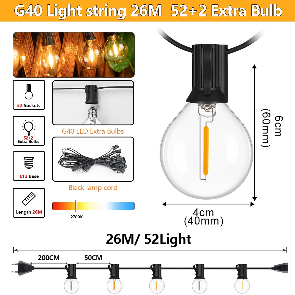 7,6-30 meter G40 LED-slingerlichten, waterdicht en onbreekbaar, met globe-bollen, voor buiten, patio, kerstdecoratie