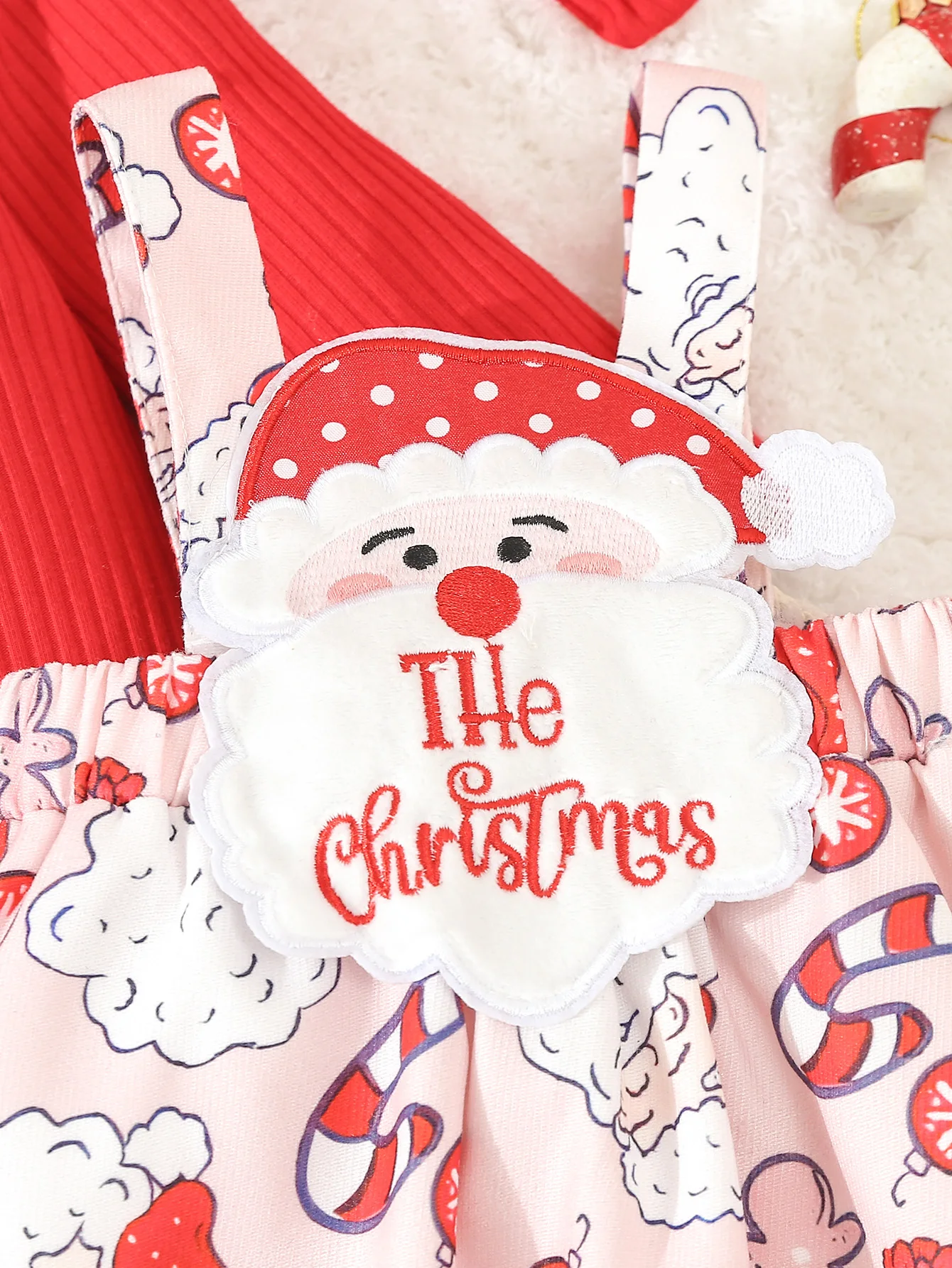 Baby and Child Christmas 3-Piece Set with Cute Cartoon Santa Claus Patch Embroidered Suspender Skirt and One-Piece Romper and Bow Hair Tie Set