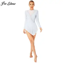 Women Figure Skating Costume Long Sleeve Shiny Rhinestone Sheer Mesh Lyrical Dance Ballet Gymnastics Performance Leotard Dress