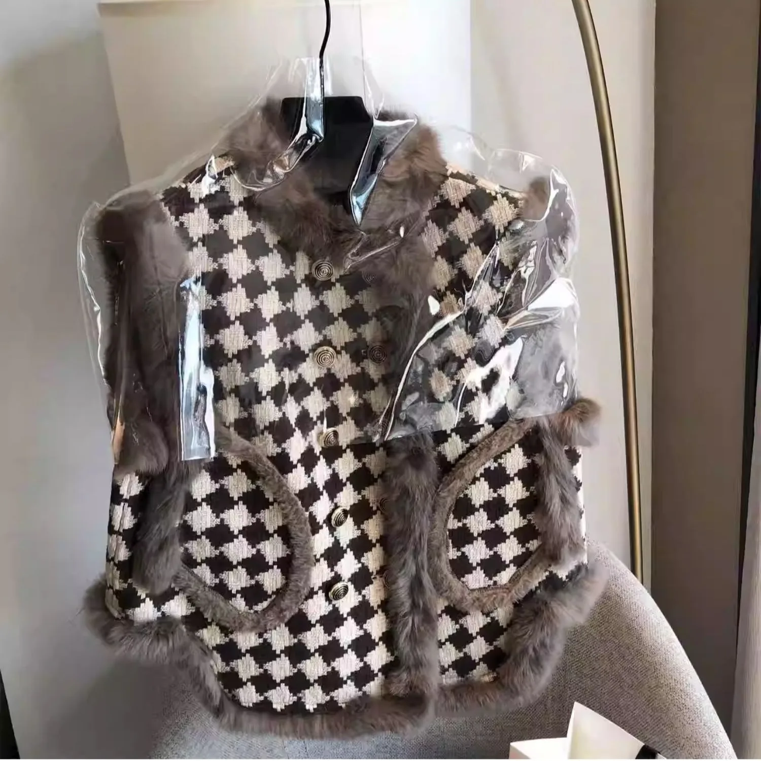 

Маленький Fraance Sle, женский тюнет, осенне-зимний двубортный жилет из кроличьего меха, фланелевый теплый многослойный жилет, модный...