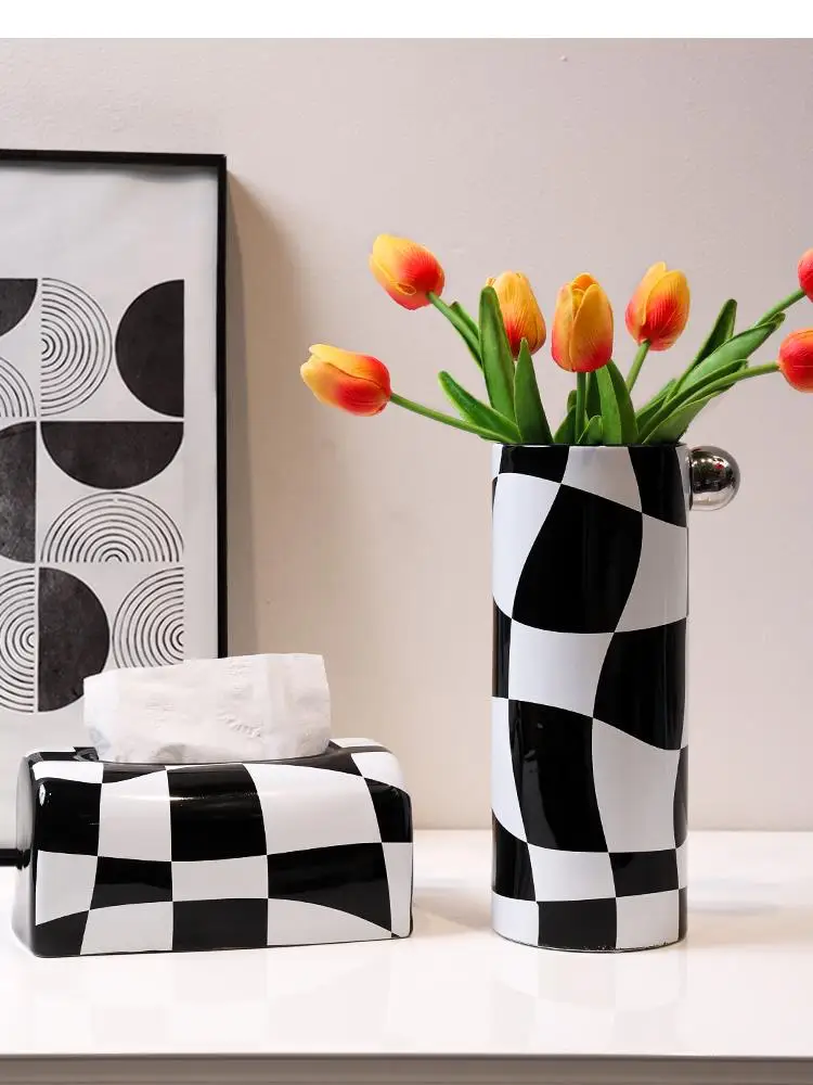 Light Luxury Black and White Geometry Checkered Ceramic Vase Tissue Box Paper Dining Table Decoration Nordic Home