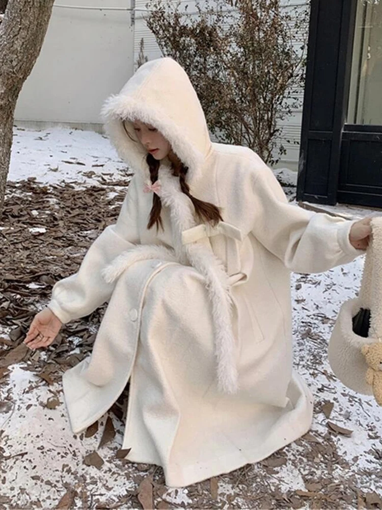 White Hooded Woolen Coat Women's Winter New Sle Korean Sweet Cute Loose Woolen Coat Mid-Length Single Button Closure