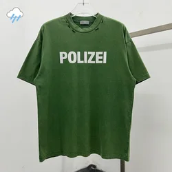 2024 Crack Letter Logo Print POLIZEI T Shirt Men Women High Quality Vintage Washed Green Gray Kanye T-Shirt Broken Damage Tee