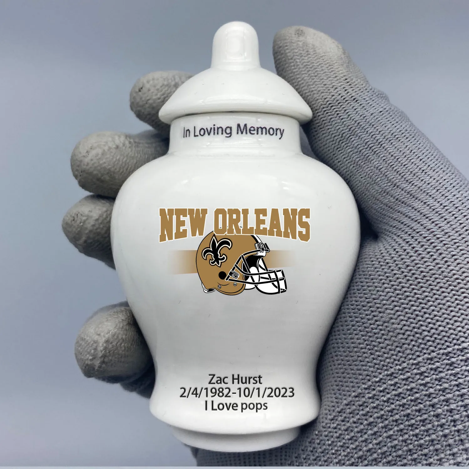 Mini Urn for New Orleans Saints-themed Logo Urn.Please send me the customization information - name/date and number on the urn