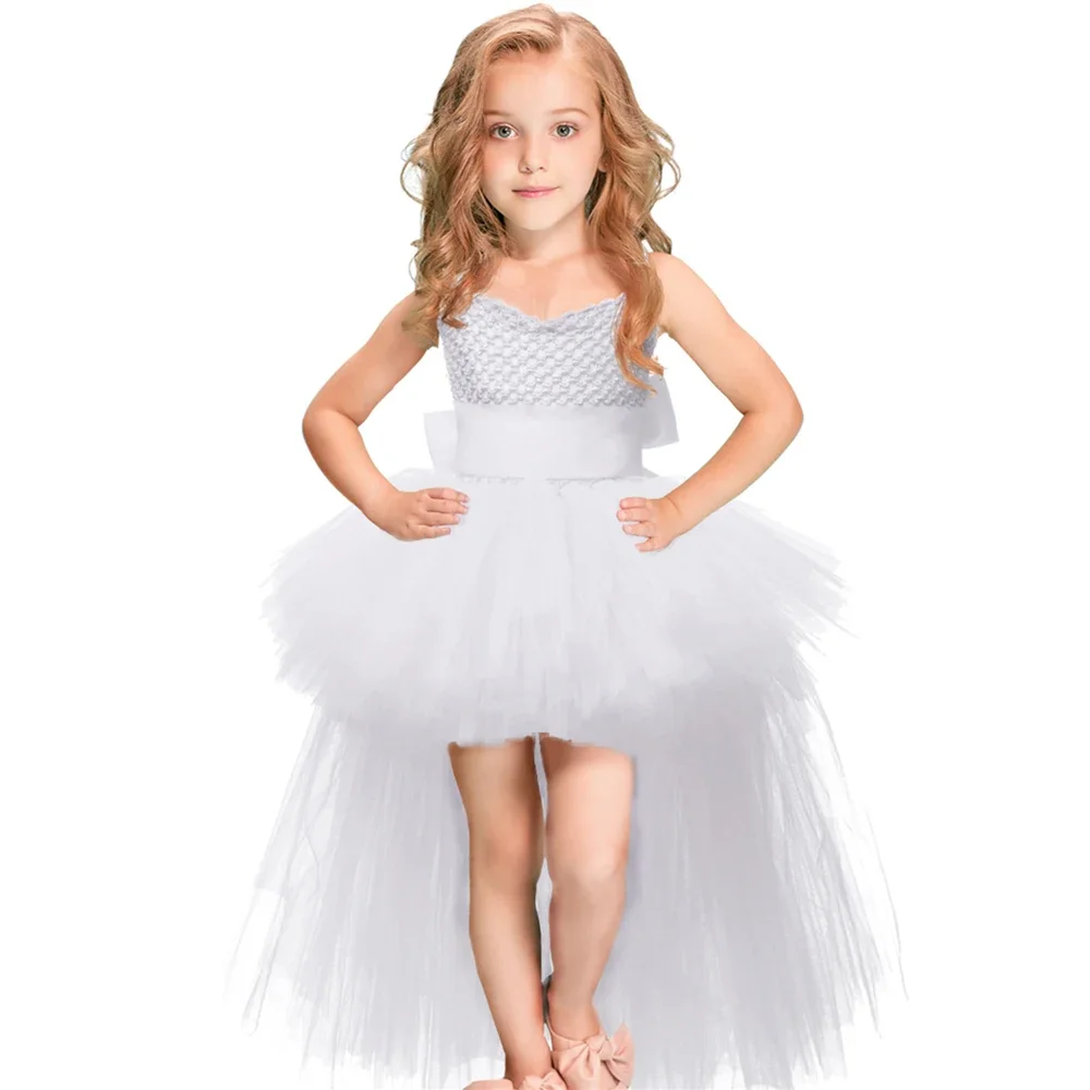 Kids Girls White Tutu Dress Train Tulle Flower Girl Dresses Party Wedding Ball Gowns for Children Girl Pageant Performance Dress