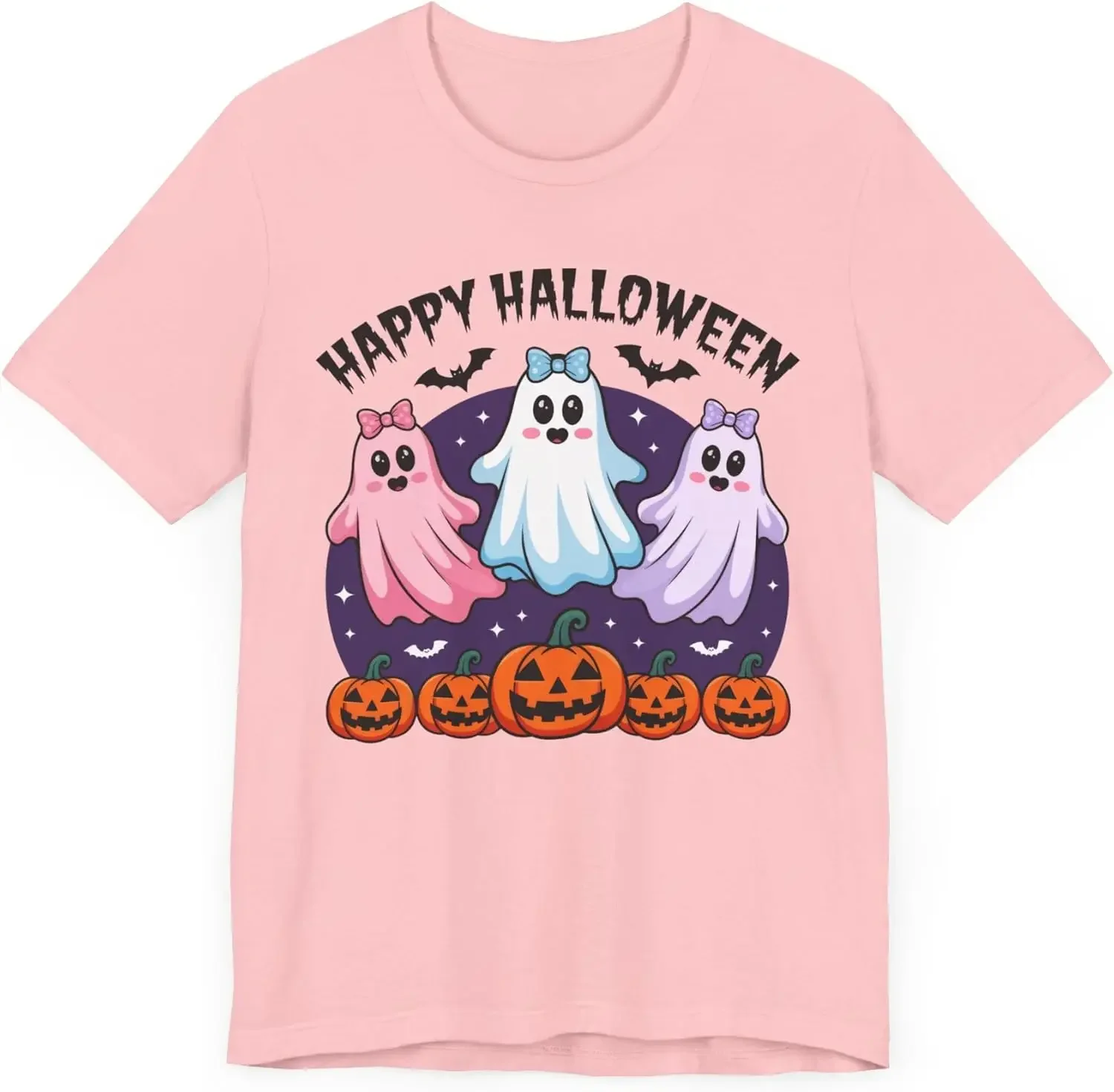 Ghost Trio Halloween Tee, Spooky Adorable Pastel Ghosts & Pumpkins, Coquette Hair Bows, Bats, Adorable Shirt