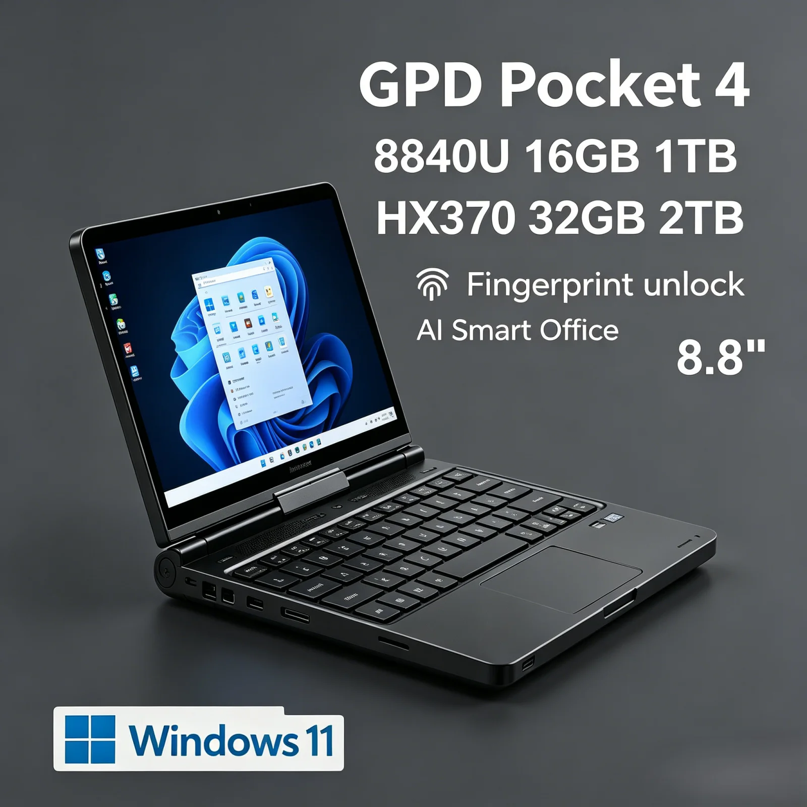 Computadora Portátil 2 en 1 Palm Size GPD Pocket4 2026 Pro Performance AMD AI 9 HX 370/8840U 64GB 2TB NVMe 8.8" 144Hz