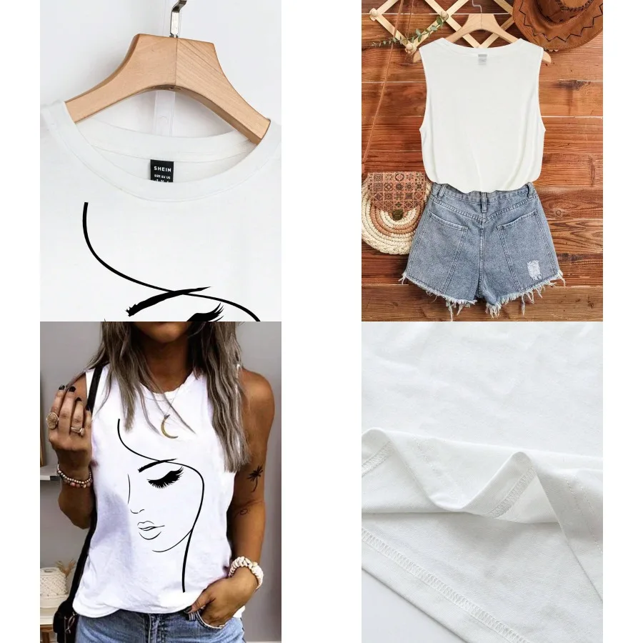 【New style】EMERY ROSE Casual Minimalist Women's Side Profile Print Loose Fit Sleeveless Round Neck Tank Top Suitable For Summer