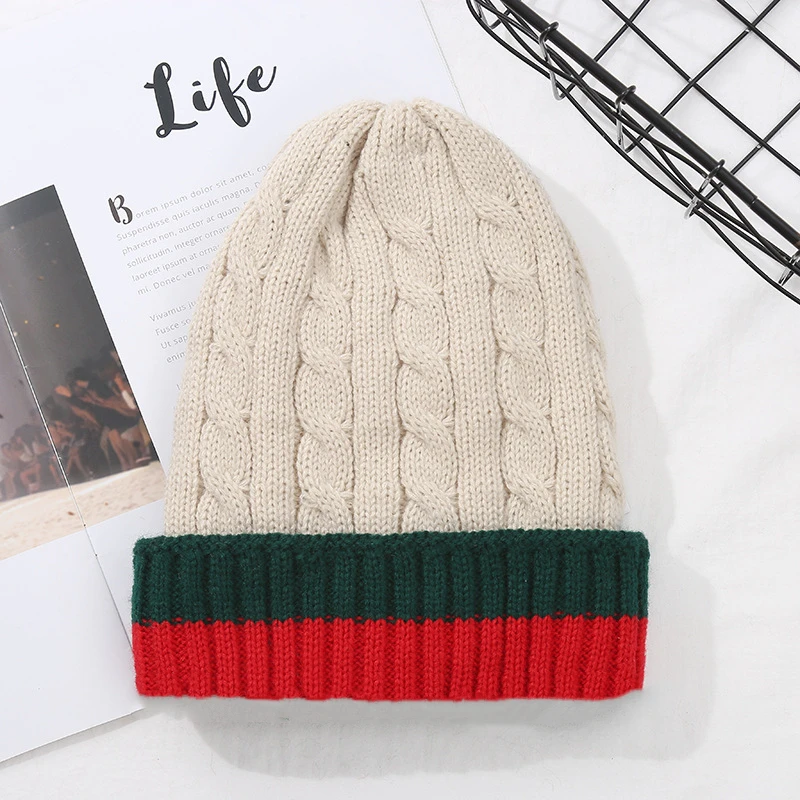 Winter Warm Pullover Hat for Women\'s Twist Velvet Beanie Fashion Stretch Knit Sweater Hat Hot Brand Stripes Casual Cap for Men