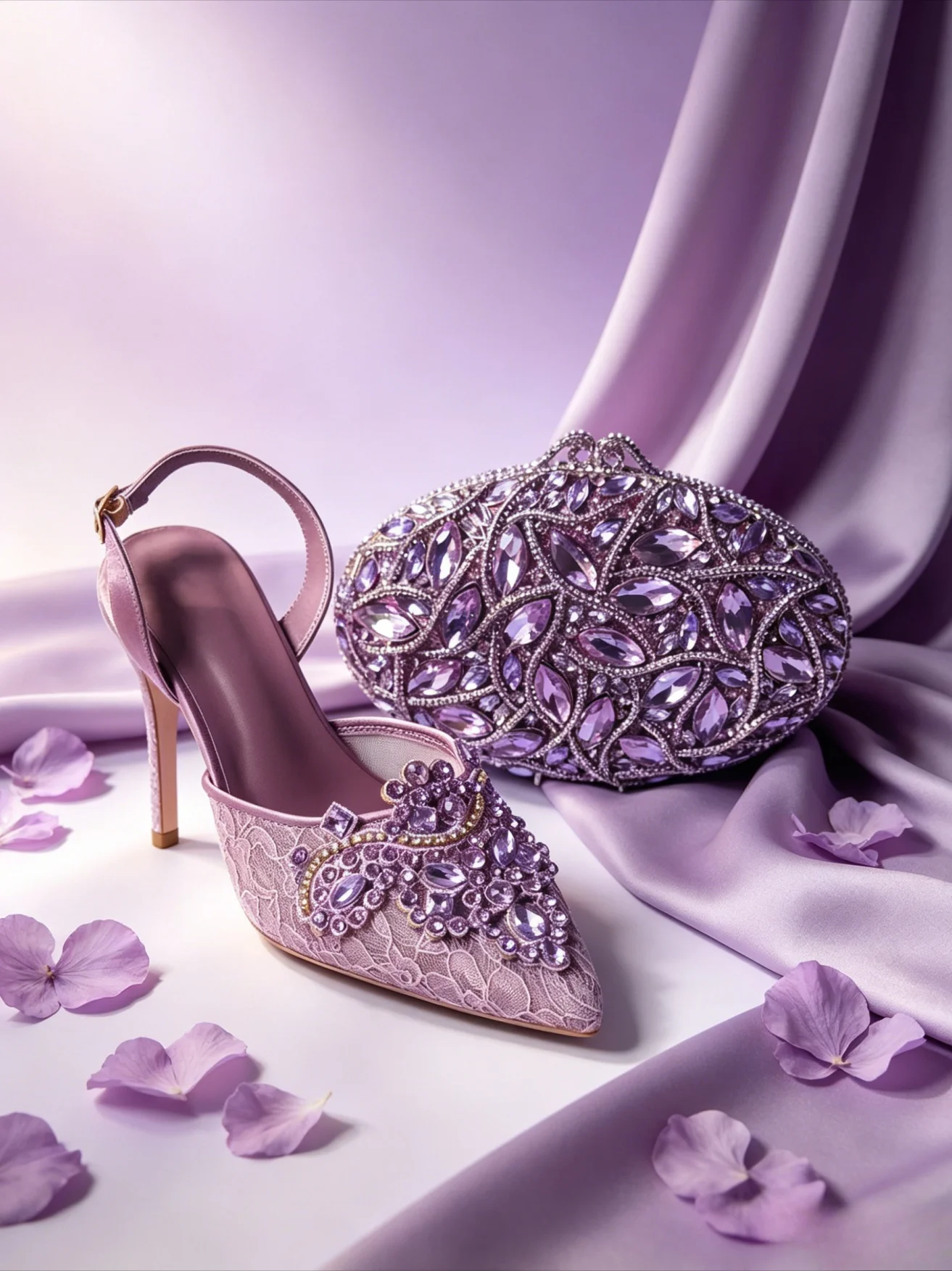 Sandalias de tacón alto con diamantes de imitación color lavanda 2026 con bolso de mano, zapatos de lujo para pasarela, fiesta, noche, banquete, conjunto de zapatos y bolso a juego
