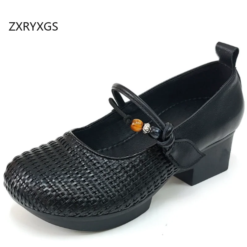 

Женские модные туфли ZXRYXGS из натуральной кожи с ретро-плетением, дышащие, удобные, на толстом среднем каблуке, для банкетов, 2026