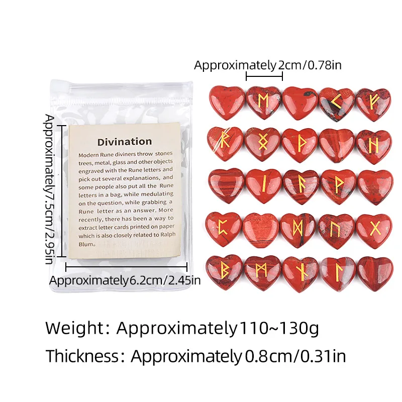25pcs Norse Rune Stones Divination Set Natural Crystal Hearts with Viking Symbols Divination Tools with Storage Pouch