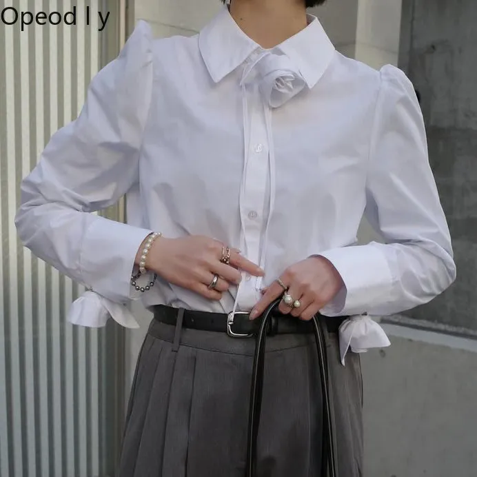 Japanese Neckline Cuffs Handmade Rose Decorated Women's Shirt Commuting Elegant Three-dimensional Bubble Sleeve Women's Shirt