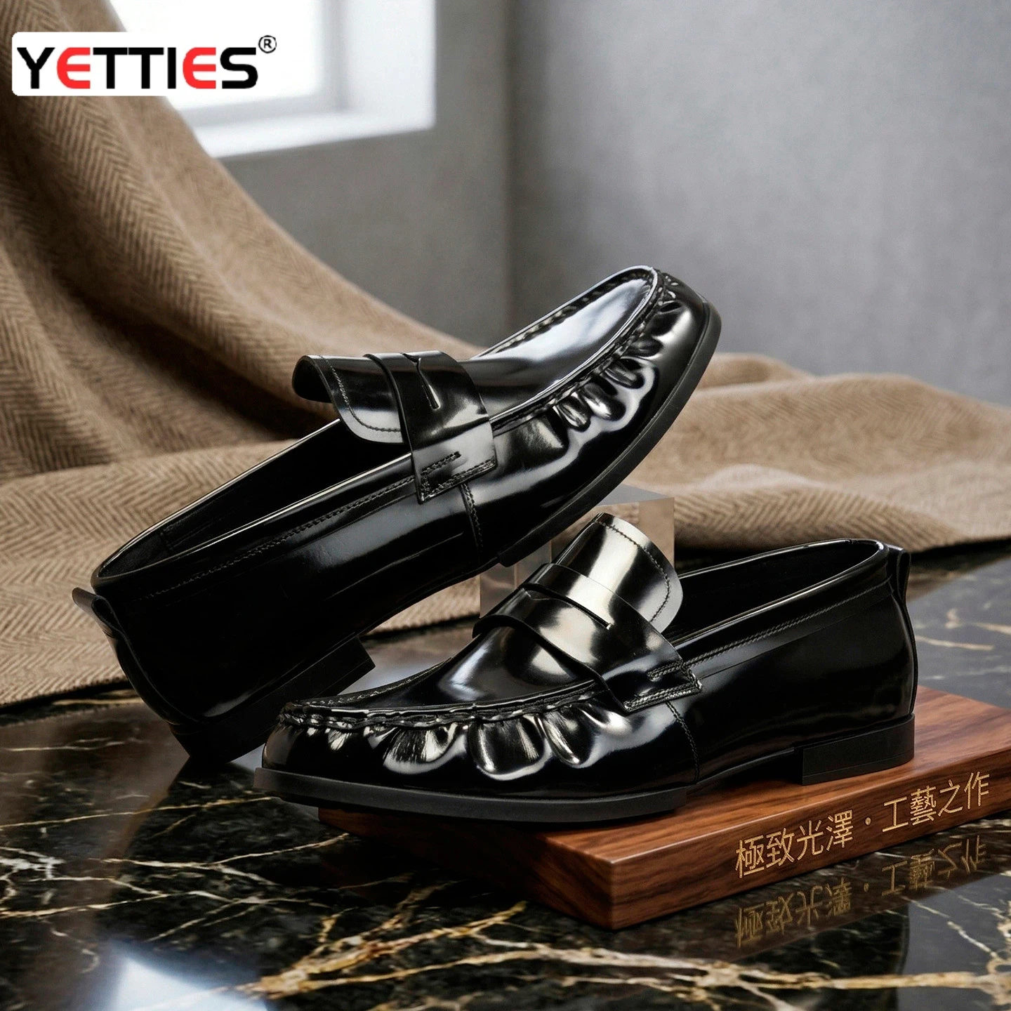 

YETTIES Men's Soft Wrinkled Cowhide Leather Loafers | Black Slip-On Driving Moccasins | British Commuter Casual Comfort Shoes