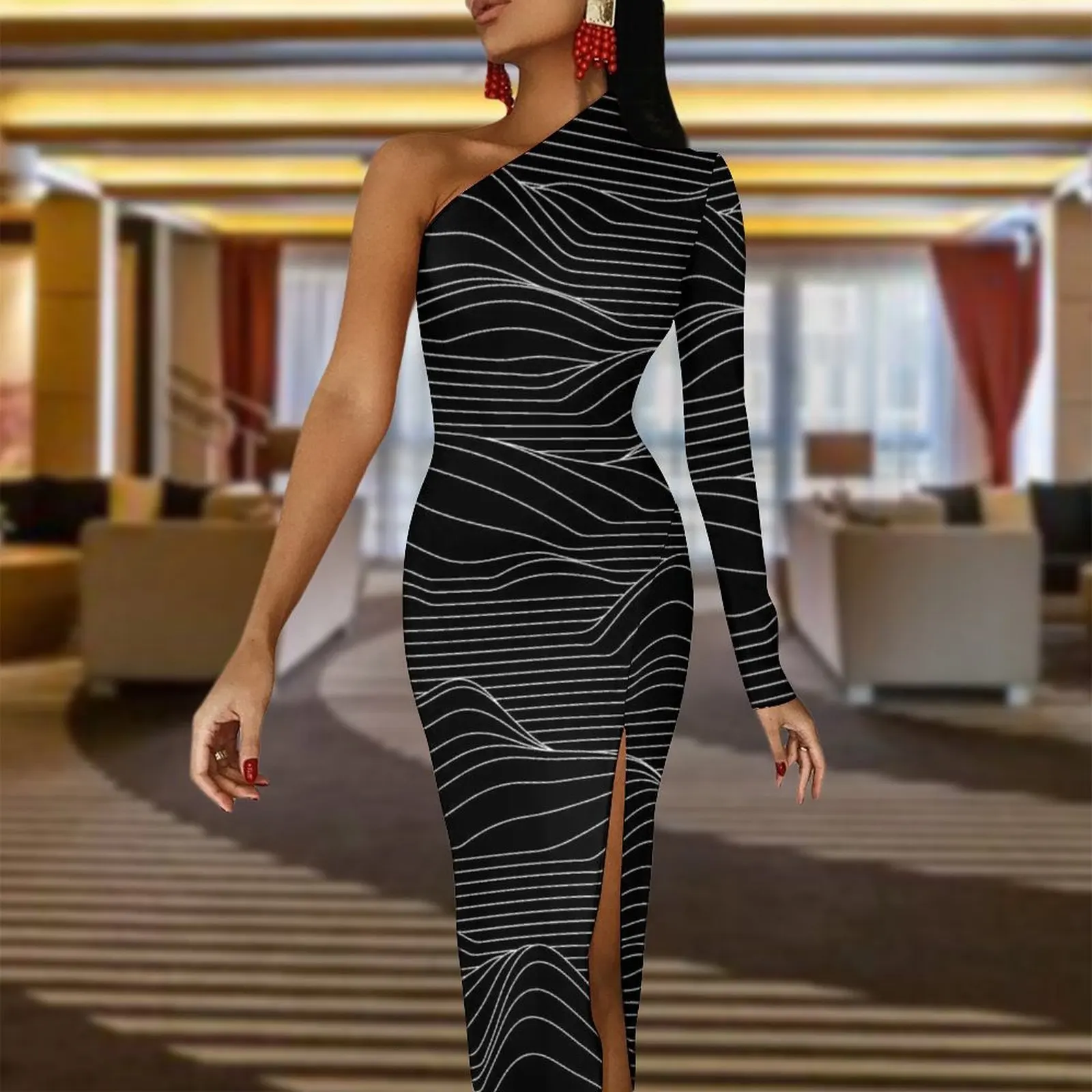 Vintage Striped Maxi Dress Long Sleeve Abstract Line Waves Streetwear Bodycon Dresses Summer Cute Dress Womens Pattern Vestidos