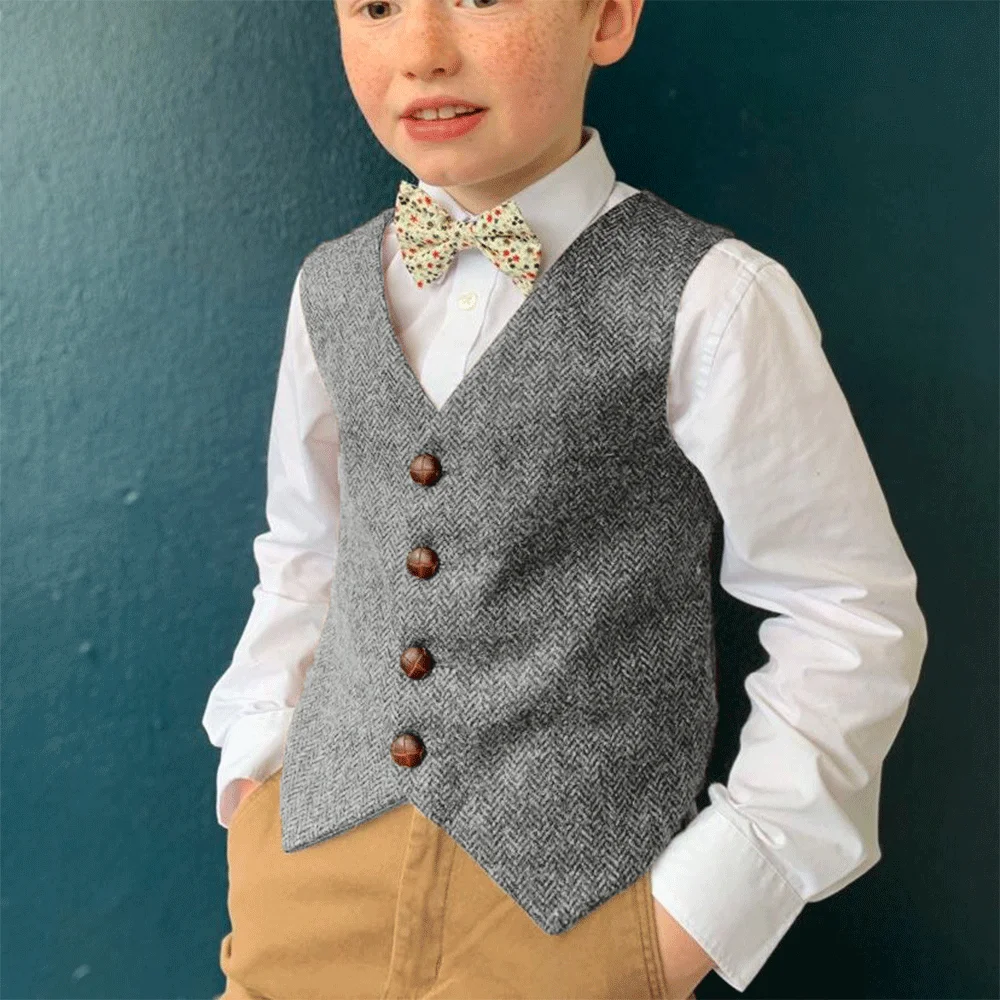 Gilet en tweed à chevrons pour garçons, col en V, simple boutonnage, gilet imbibé pour mariage, robe formelle pour enfants, gilet décontracté pour enfants