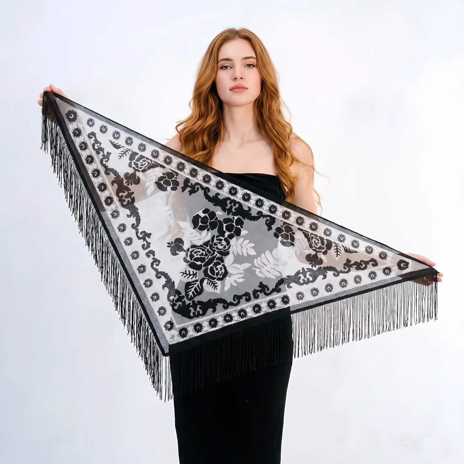 Women's Sheer Mesh Triangle Shawl Vintage Floral Pattern Long Tassel Edge Evening Prom Party Wedding Dress Wrap Scarf Accessory