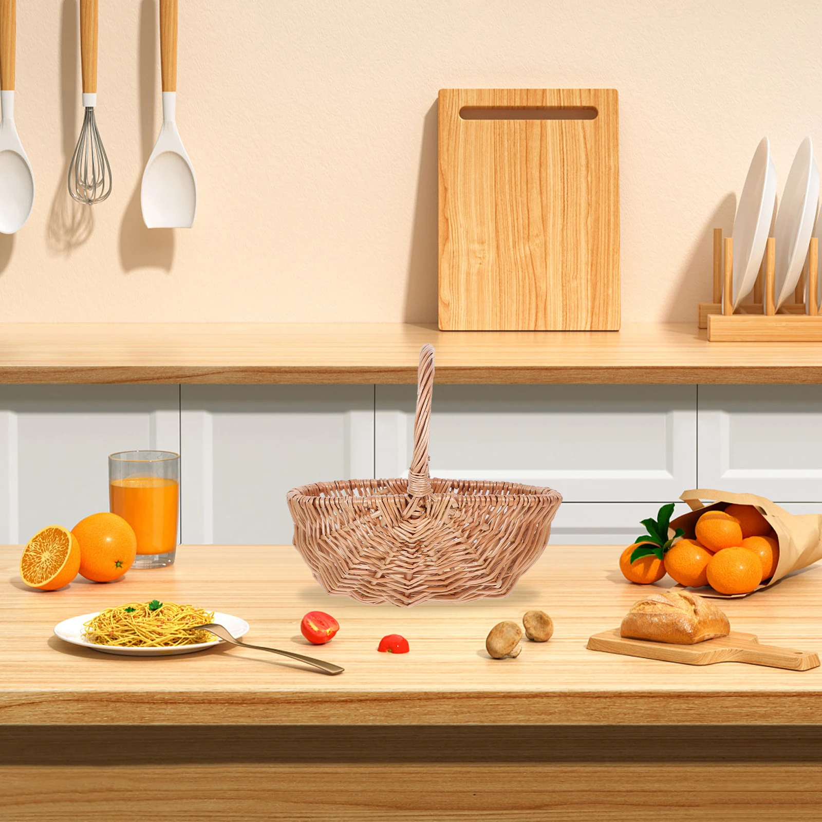 

Woven Hand Basket Natural Wicker Sturdy Handle for Outdoor Picnics Shopping Egg Gathering Fruit Vegetable Harvest Basket