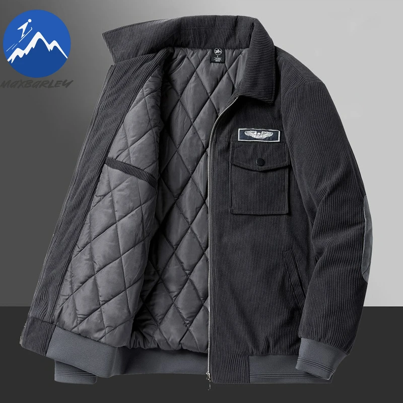 Maxbarley Men Corduroy Padded Jacket Casual Business Thickened Parka High Quality Turndown Collar Travel Windproof Winter Jacket