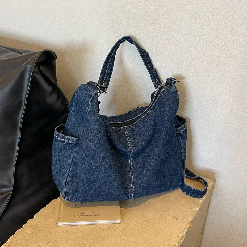 Denim Solid Color Contrast 2024 Winter Tote Bag Fashionable Simple Movement Shoulder Women's Bag Large Capacity Underarm Handbag