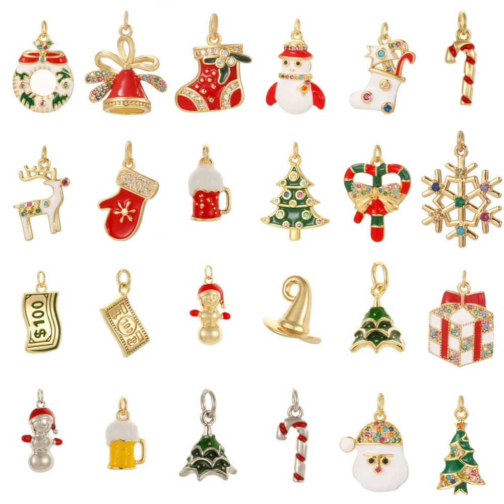 Christmas Tree Elk Snowflake snowman Pendants Cute charm Enamel 18K Gold Plated DIY jewerly making Necklace Bracelet Wholesale