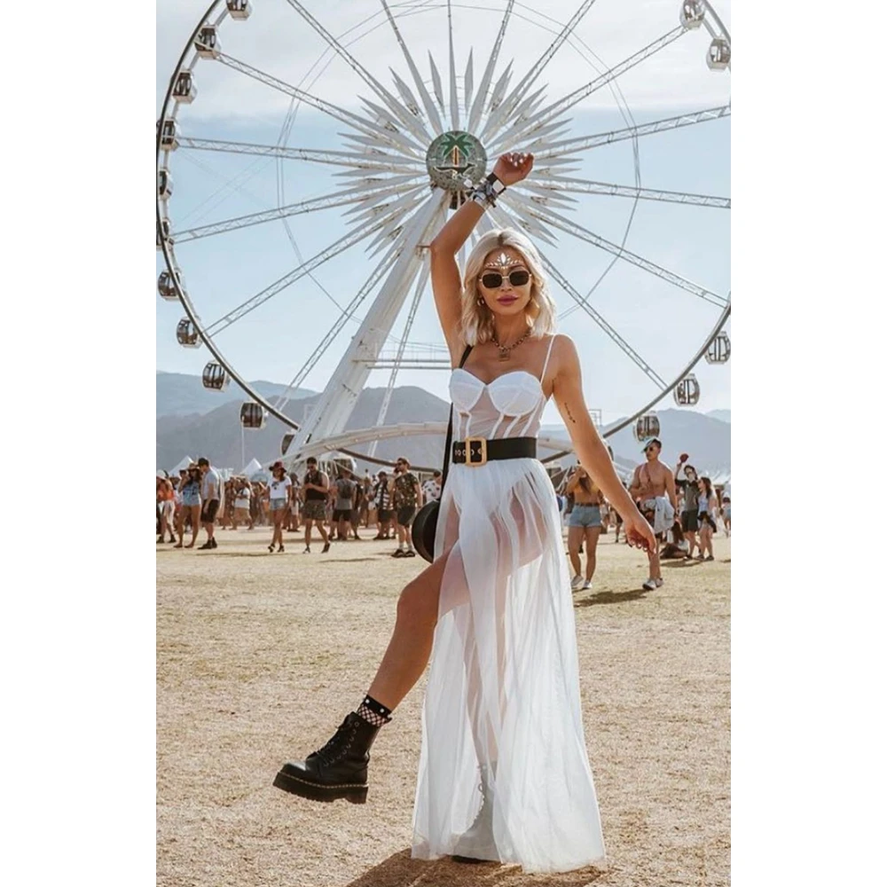 Vestido sexy transparente para señora, para fiestas de playa y verano, de estilo bohemio clásico, largo y ceñido con tirantes finos tipo espagueti y cintura elástica