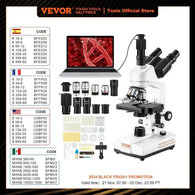 VEVOR Compound Trinocular Microscope 40X-2500/40X-5000X Magnification Lab Microscope with LED Illumination & External Interface