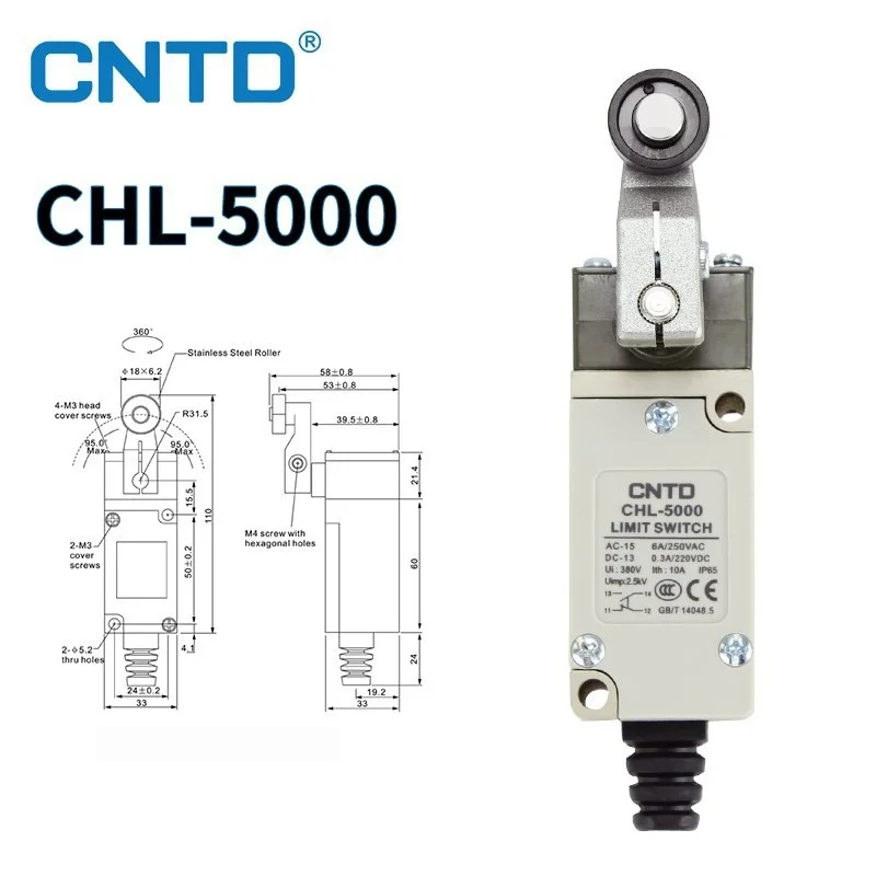 CNTD CHL-5000 Roller Swing Rod Limit Switch IP65 Waterproof 1NO 1NC 10A 380V AC-15 Metal Shell Heavy Duty Snap Action Switch
