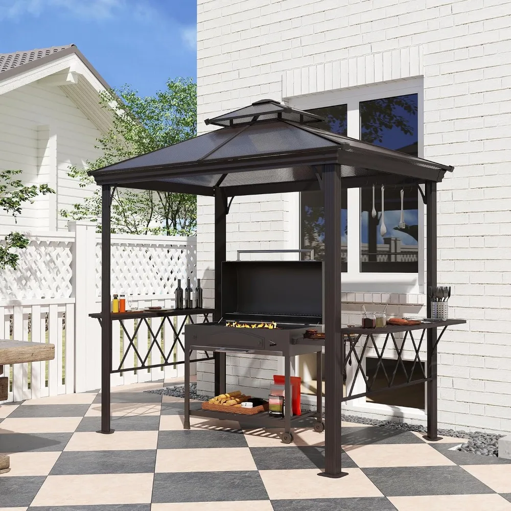 9x5 FT Grill Gazebo, Hardtop 2-Tier Polycarbonate Roof, Serving Shelves & Hooks, Outdoor BBQ Shelter, Custom