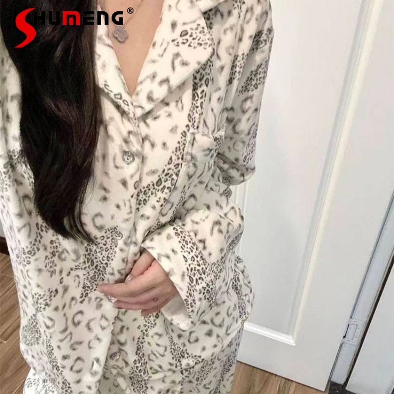 

High End Velvet Leopard Print Pajamas for Women Winter Thickened Warm Cardigan Loungewear Female Japanese Style Sleep Set