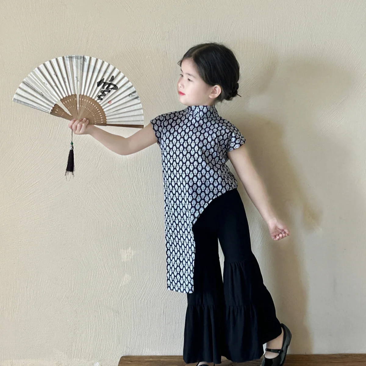 Blue And White Porcelain Strap Top+Qipao Knitted Bell Bottoms 2024 New Summer Korean Children's Baby