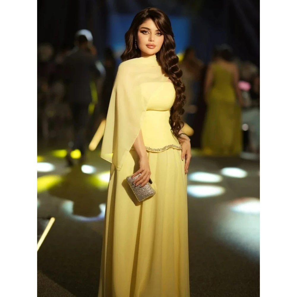

Yellow Evening Dress Strapless Beadings Jersey Floor Length A Line Prom Gowns with Scarf Elegant Party Dress Customized