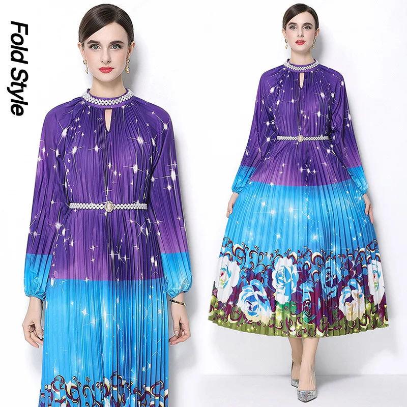 Miyake Pleated 2026 High-end Bead Fashion Printing Dress Pleated Pearl Buckle Pleated Long Dress Women's Clothing New