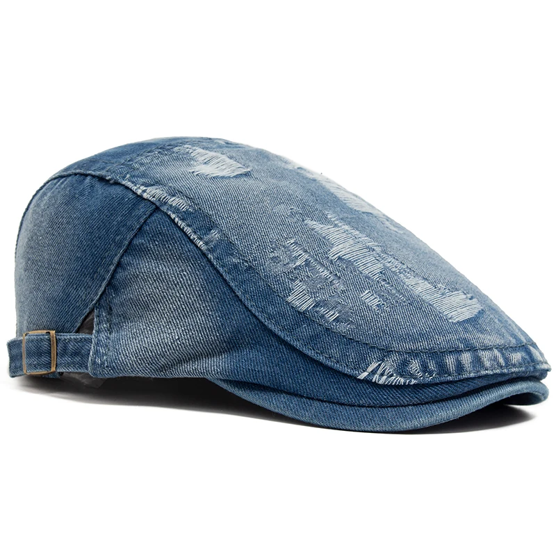 Fashion Ripped Denim Beret Vintage Men Women Newsboy Cap Spring Autumn Casual Cotton Flat Visor Hat Summer Berets Adjustable