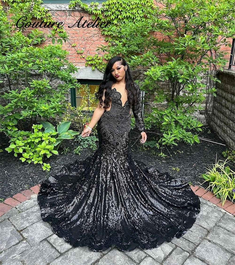 Popular Black Mermaid Prom Dresses Black Girls One Shoulder Long Sleeves Beads Rhinestones 2025 Birthday Luxury Dress Customized