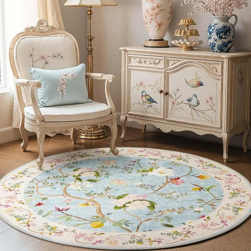 Alfombra Circular Floraison, Alfombra Lavable Suave con Diseño Floral, Antideslizante, Estilo Chinoiserie, Redonda, de Pelo Corto, Diseño Neutral
