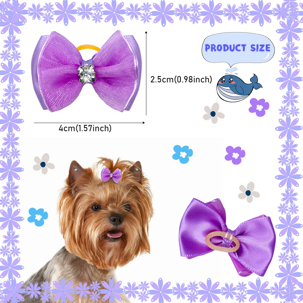 10PCS Pet Hair Decoration Candy Colored Bow Rubber Band With Diamond Cute Cat Dog Hair Accessories Handmade Bulk Pet Products