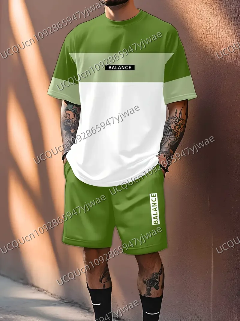 

Summer Men's Casual BALANCE Print Short Sleeve T-Shirt & Shorts Set Round Neck Short Sleeved Women's T-shirt Shorts Set