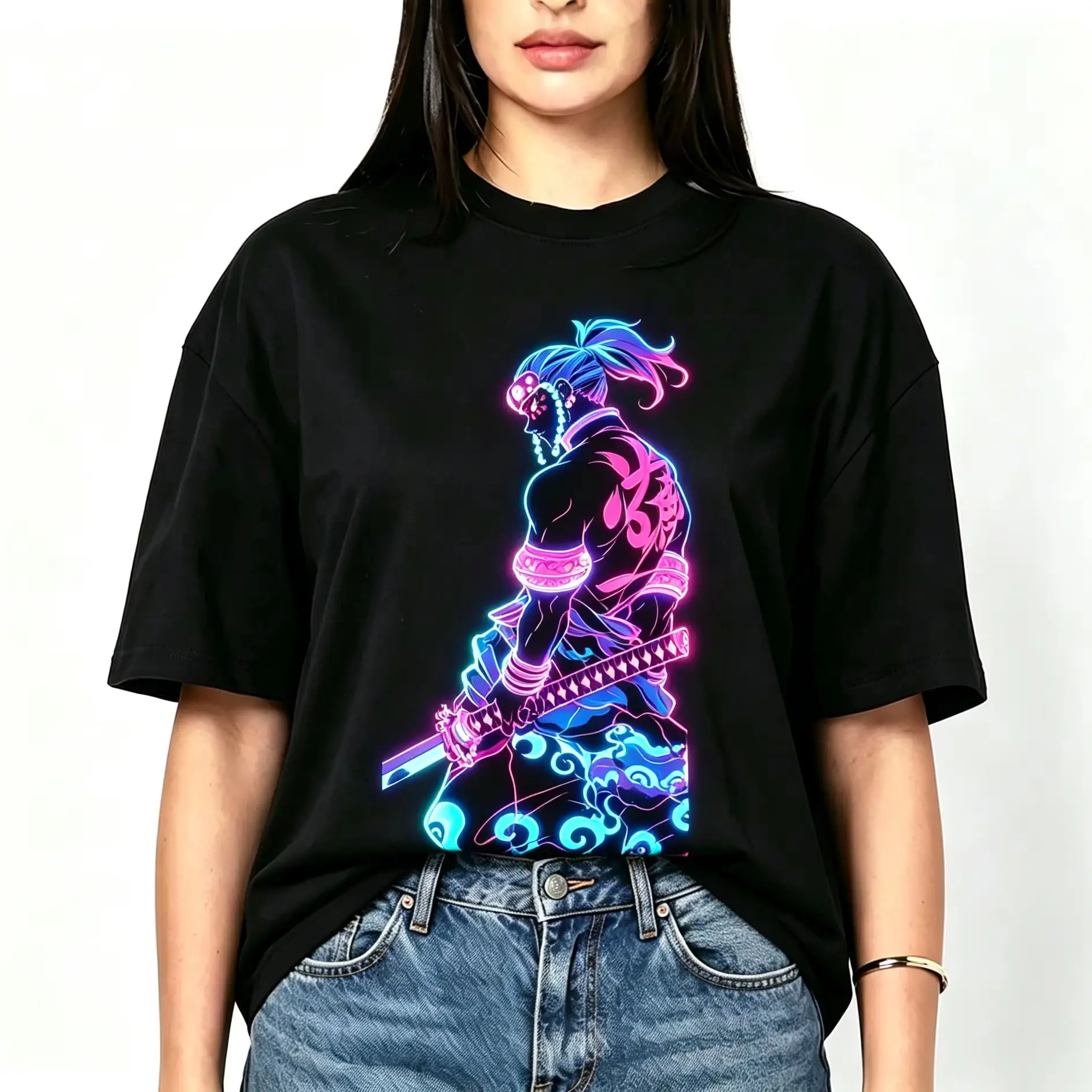 Women's Neon Samurai Warrior Katana Graphic T‑Shirt, Japanese Ukiyo‑e Style Glow Color Swordman Art Print Casual  Tops