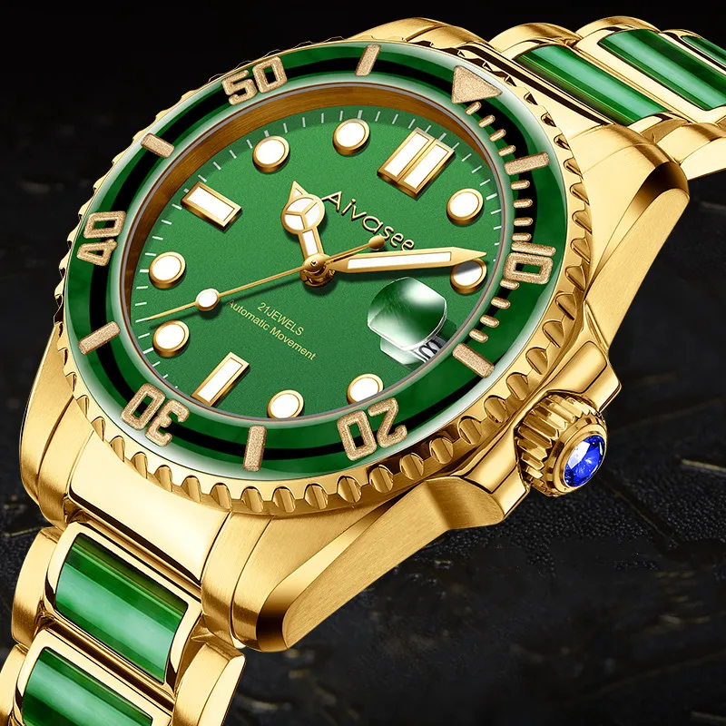 

High-End Men Hetian Jade Automatic Mechanical Watches Super Luminous Calendar Waterproof Jewelry Water Ghost Wristwatches 5ATM