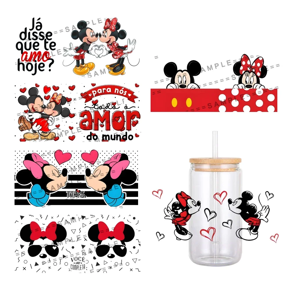 Valentine\'s Day Theme Disney Mickey Minnie UV DTF Transfer Sticker Waterproof Transfers Decals For 16oz Glass Cup Wrap Stickers