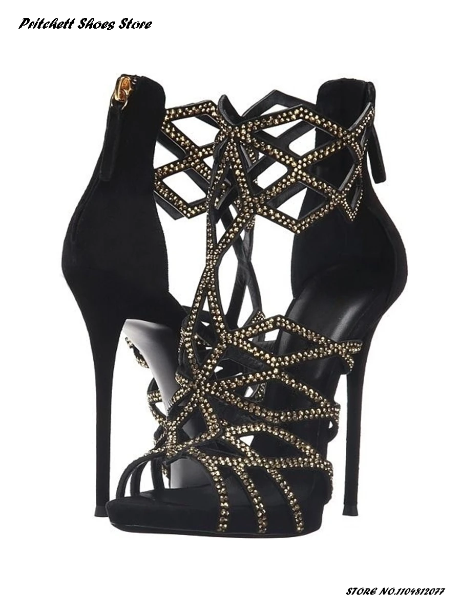 صنادل نسائية بكعب ستيليتو مفتوحة من الألماس مقطوعة بالليزر على الموضة الأوروبية الأمريكية أحذية مجوفة مدببة أحذية الحفلات والتاريخ