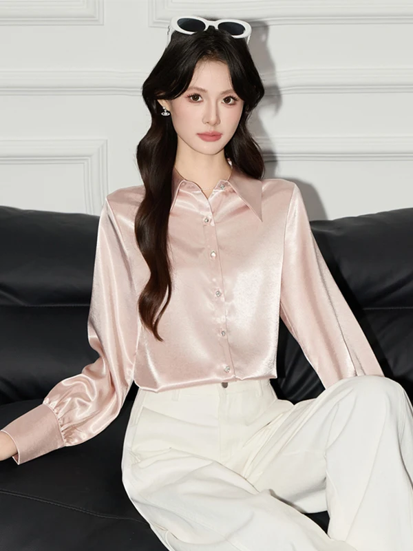 

Elegant Long Sleeve Acetate Satin Women's Professional Shirt Spring 2026 Design Sensation Commute Style Button Detail