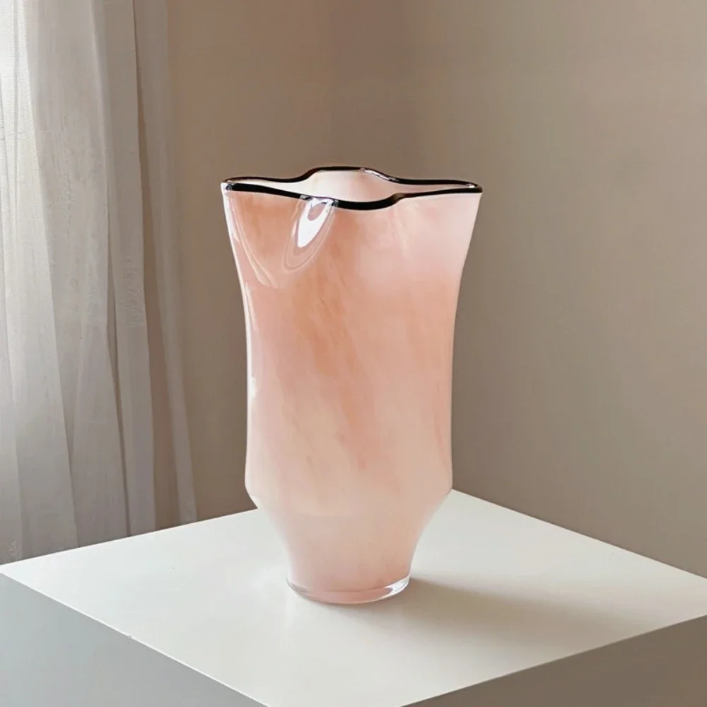 Pink Glazed Chinese Vase with Roses Wide Mouth Dining Table Decorative Water Raised Flowers Gentle Design New Home Decor