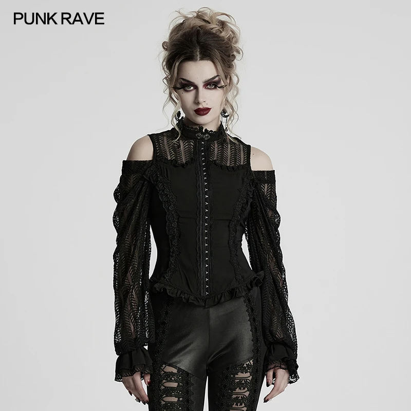 

PUNK RAVE Women's Gothic Swing Sleeve Chiffon Lace Shirt Off-shoulder Rose Edges Ruffles Exquisite Sexy Tops
