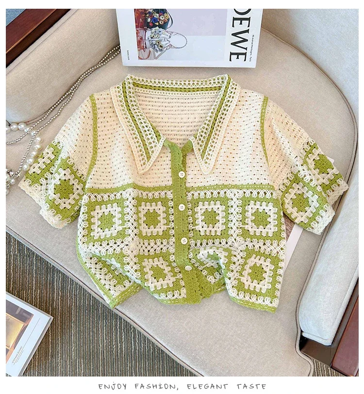 الأزهار الكروشيه سترة أعلى الياقات زر متابعة قصيرة الأكمام شير المحاصيل متماسكة سترة علوية للنساء Teengirl Fairycore خمر الزي