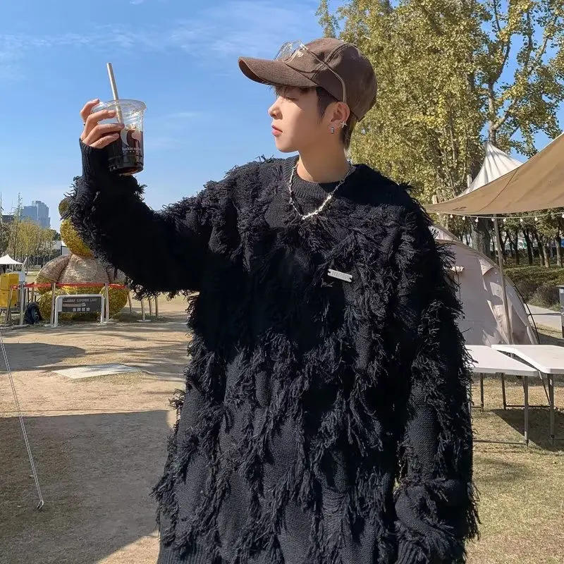 

Loose Fit round Ne Tassel Knitwear for Men Heavy Size 250 Pou Autumn Winter Faion Casual Street Sle Pure Color Sweater