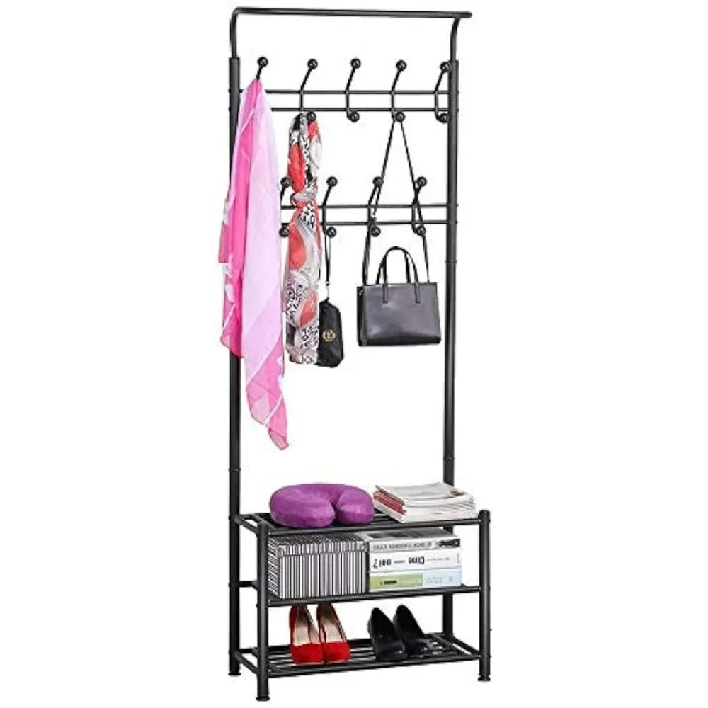 3-in-1 clothes and hat rack shoe stool, with 18 hooks and 3 layers of shoe storage, metal hat rack rod, easy to assemble, black