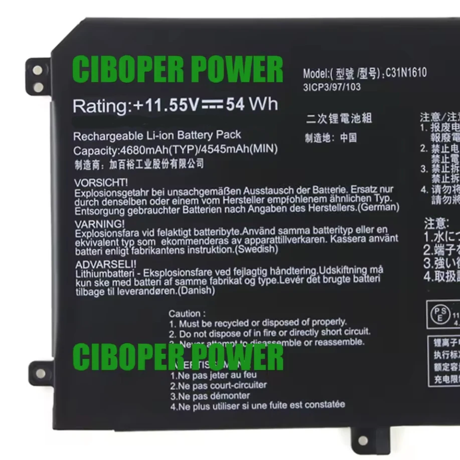 Laptop Battery 0B200-02090100 C31N1610 54Wh/4680mAh For ZenBook UX330C UX330CA U3000C UX330CA-1C 1A UX330CA-FC Series Notebook