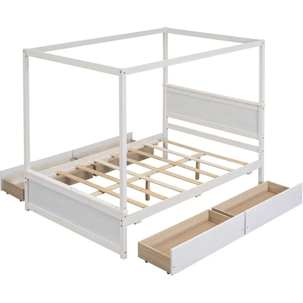 

Modern Wood Full Platform Bed with Headboard, Footboard and Slat Support, Full Size Canopy Bed with 4 Storage Drawers